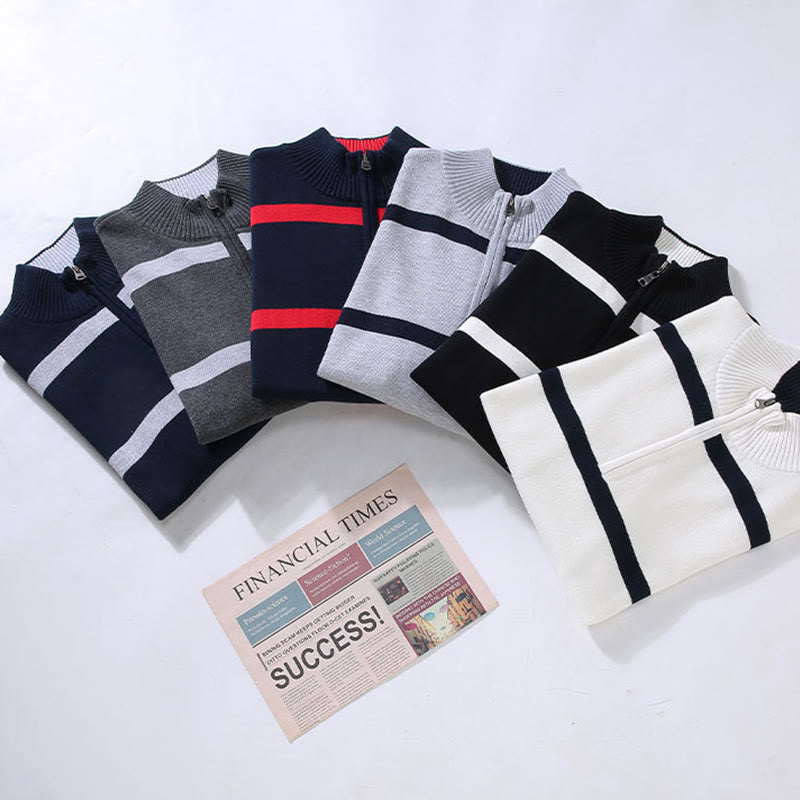 Sweter męski z długim rękawem z kontrastowymi paskami i kontrastowymi Buddha Stones, z bawełny, z półzamkiem - image 15