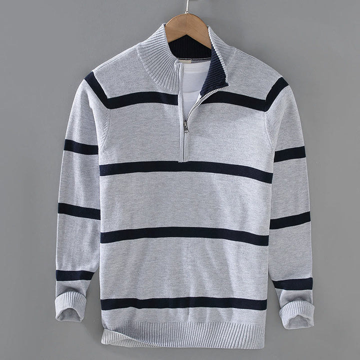 Sweter męski z długim rękawem z kontrastowymi paskami i kontrastowymi Buddha Stones, z bawełny, z półzamkiem - DarkGray MidnightBlue Stripe - US/UK/AU42， EU52 (3XL) - image 9