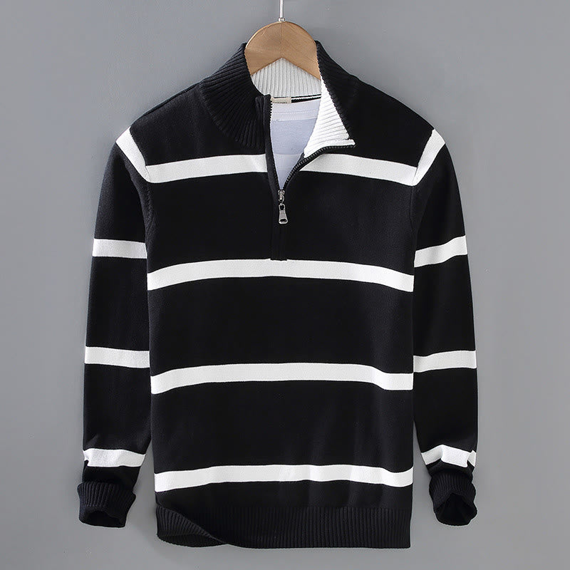 Sweter męski z długim rękawem z kontrastowymi paskami i kontrastowymi Buddha Stones, z bawełny, z półzamkiem - Czarno-biały pasek - US/UK/AU42， EU52 (3XL) - image 0