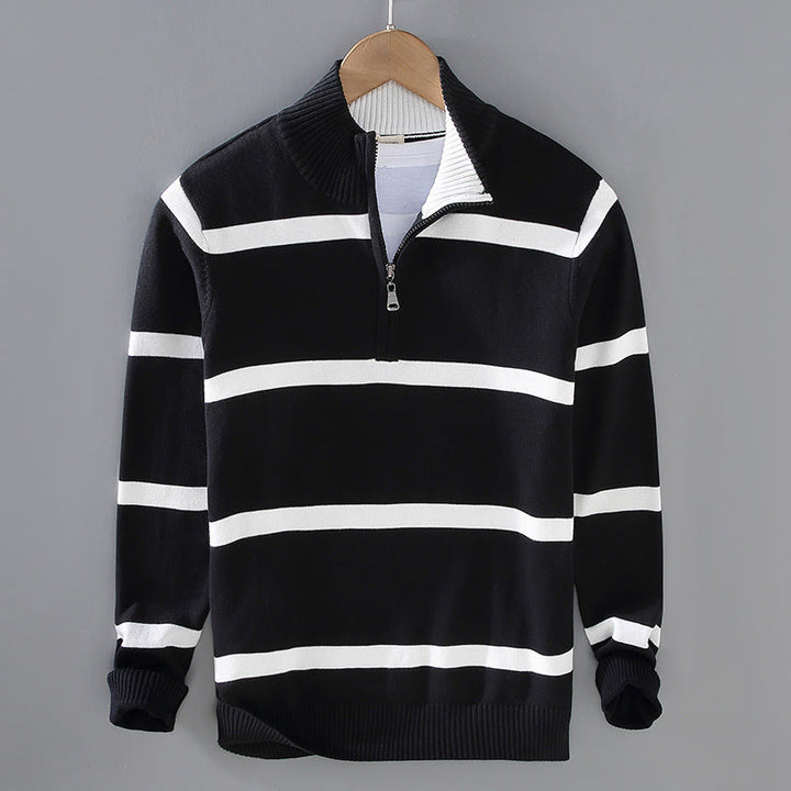 Sweter męski z długim rękawem z kontrastowymi paskami i kontrastowymi Buddha Stones, z bawełny, z półzamkiem - Czarno-biały pasek - US/UK/AU42， EU52 (3XL) - image 0