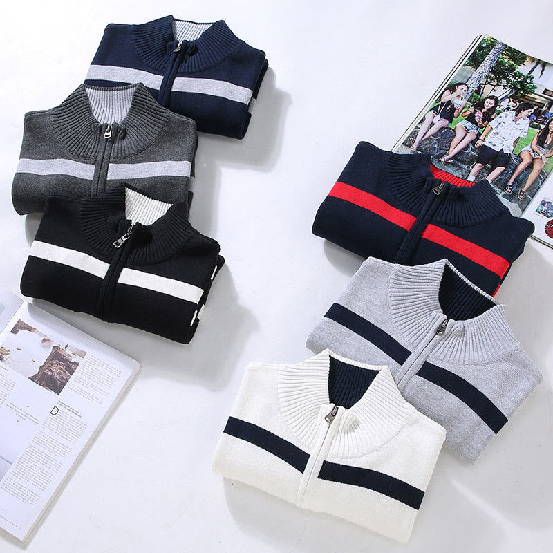 Sweter męski z długim rękawem z kontrastowymi paskami i kontrastowymi Buddha Stones, z bawełny, z półzamkiem - image 13