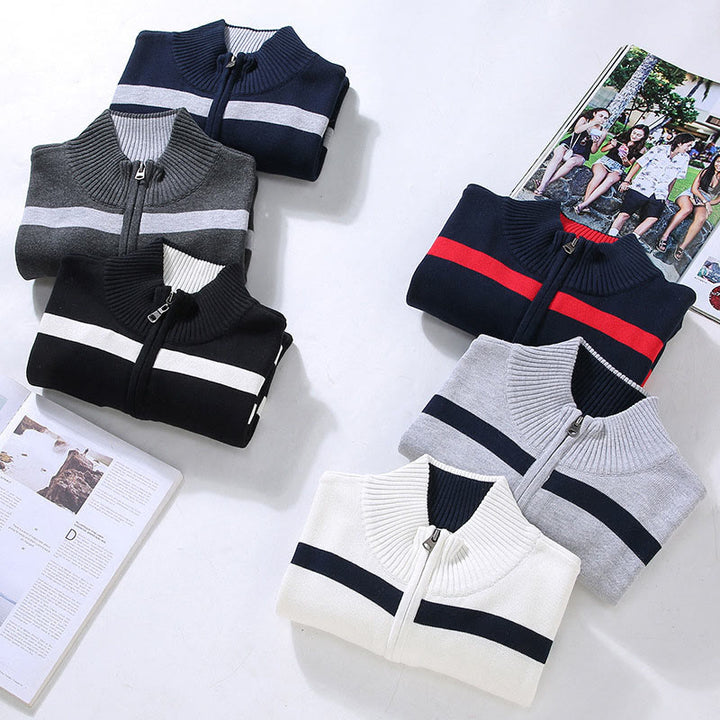 Sweter męski z długim rękawem z kontrastowymi paskami i kontrastowymi Buddha Stones, z bawełny, z półzamkiem - image 13