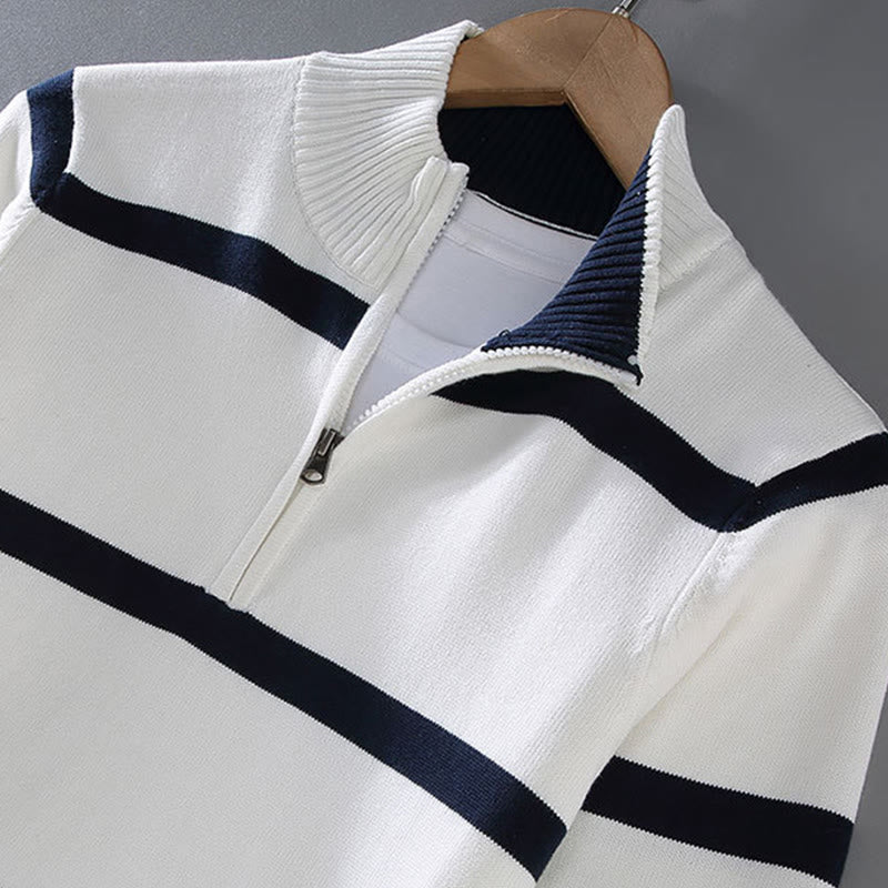 Sweter męski z długim rękawem z kontrastowymi paskami i kontrastowymi Buddha Stones, z bawełny, z półzamkiem - image 3