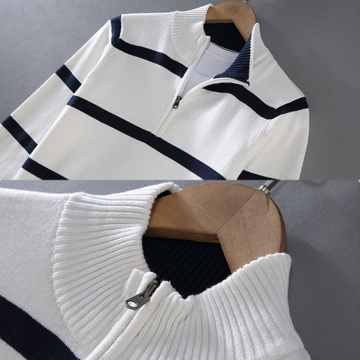 Sweter męski z długim rękawem z kontrastowymi paskami i kontrastowymi Buddha Stones, z bawełny, z półzamkiem - image 4