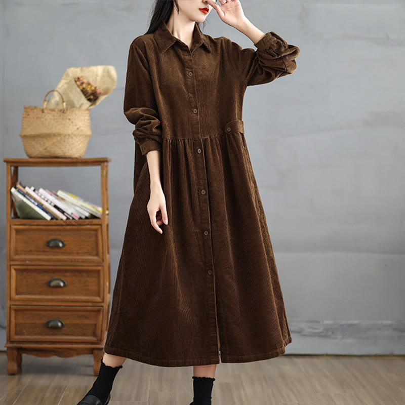 Płaszcz damski z bawełnianego sztruksu z długimi rękawami i kieszeniami, z gładkimi guzikami i Buddha Stones - SaddleBrown - US12, UK/AU16, EU44 (2XL) - image 0