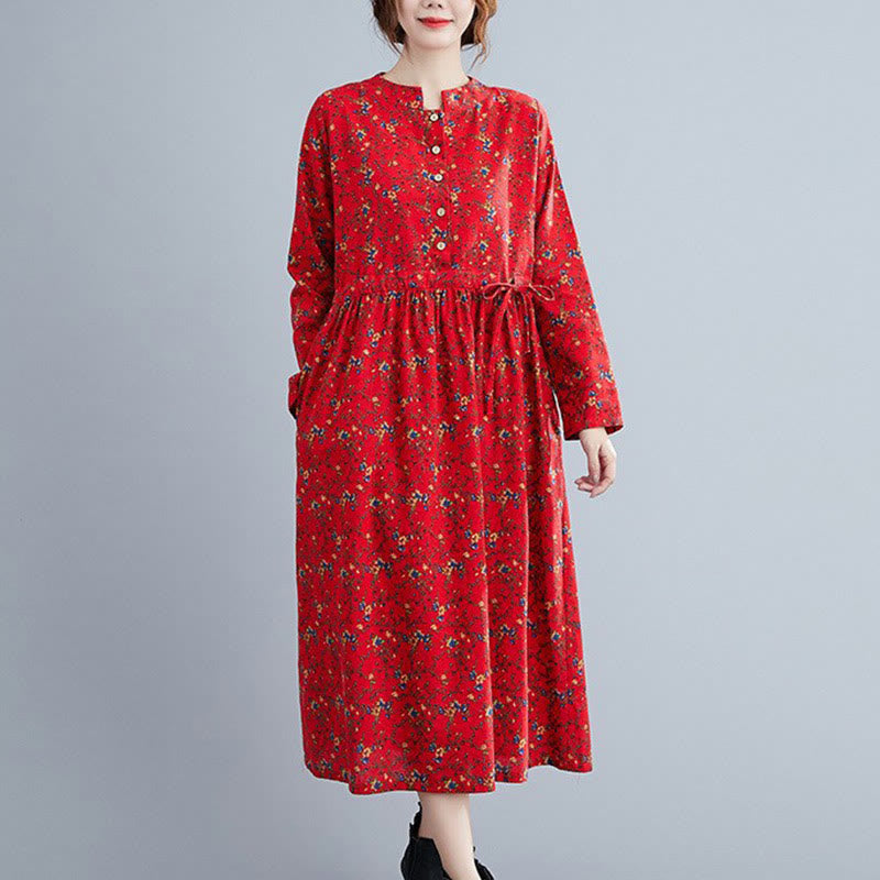 Sukienka midi z bawełny Buddha Stones Commute z długim rękawem i kieszeniami, w kwiaty i ściągaczem - Czerwony - US12, UK/AU16, EU44 (3XL) - image 17