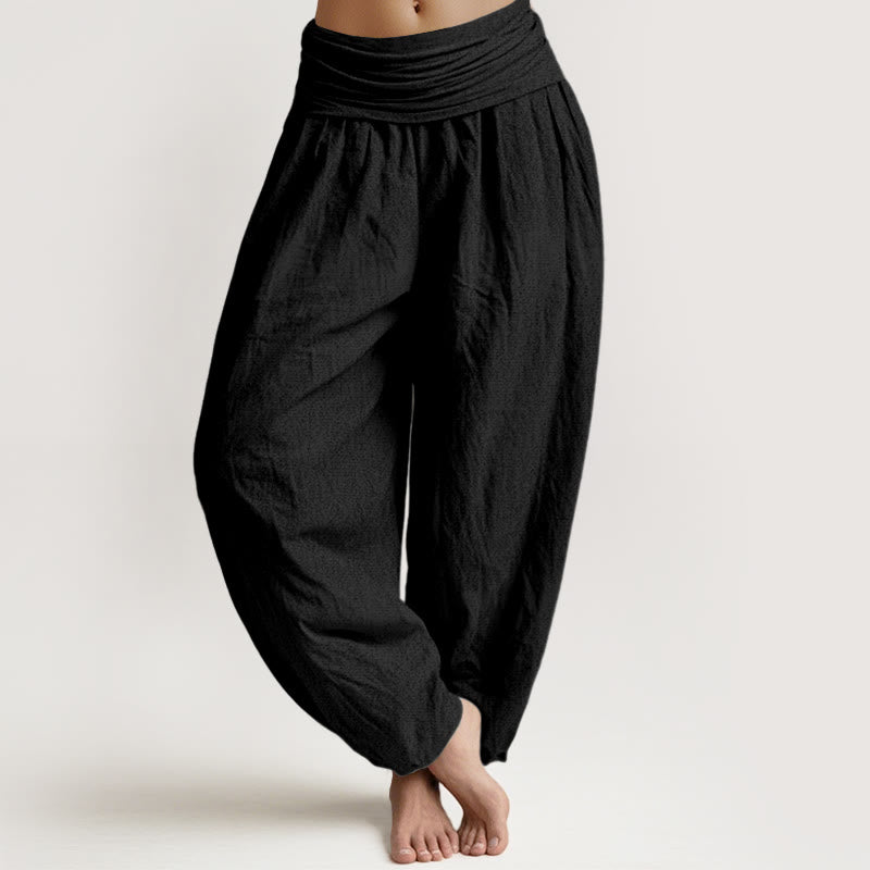 Spodnie haremki damskie z elastycznej talii z czystej bawełny Buddha Stones w kolorze czarnym - Czarny - US22, UK/AU26, EU54 (6XL) - image 0