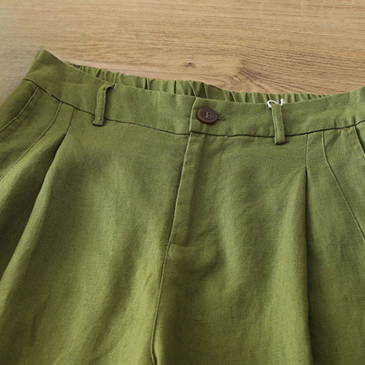 Damskie spodnie z szerokimi nogawkami i guzikami z szerokimi kieszeniami, z bawełny w jednolitym kolorze z Buddha Stones - image 21