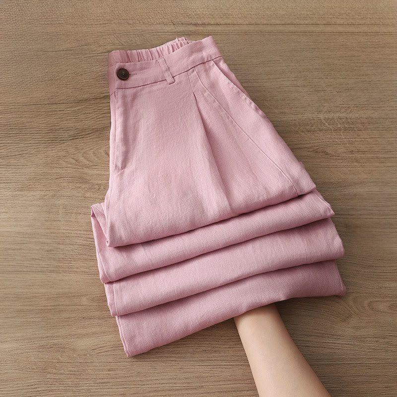 Damskie spodnie z szerokimi nogawkami i guzikami z szerokimi kieszeniami, z bawełny w jednolitym kolorze z Buddha Stones - image 26