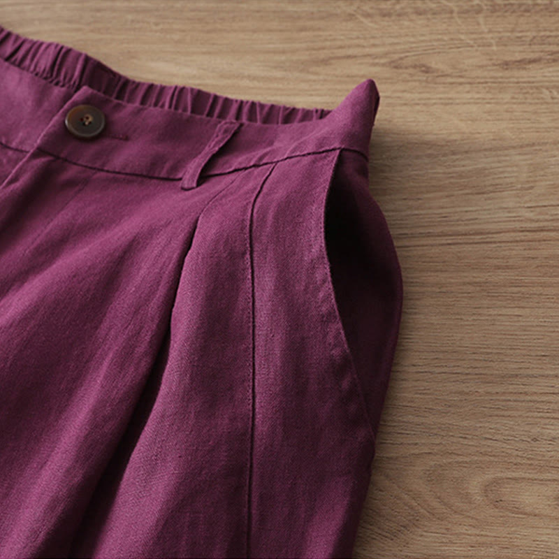 Damskie spodnie z szerokimi nogawkami i guzikami z szerokimi kieszeniami, z bawełny w jednolitym kolorze z Buddha Stones - image 33