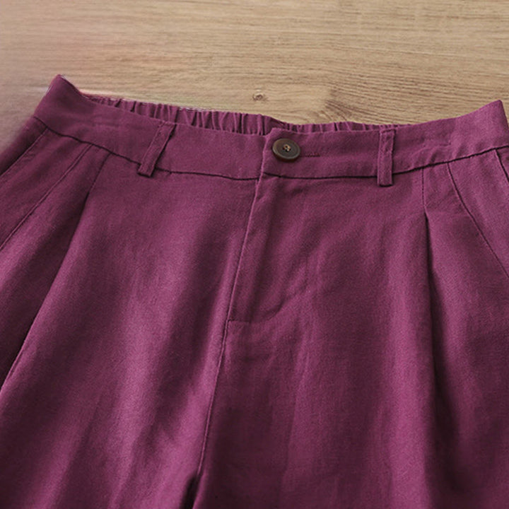 Damskie spodnie z szerokimi nogawkami i guzikami z szerokimi kieszeniami, z bawełny w jednolitym kolorze z Buddha Stones - image 31