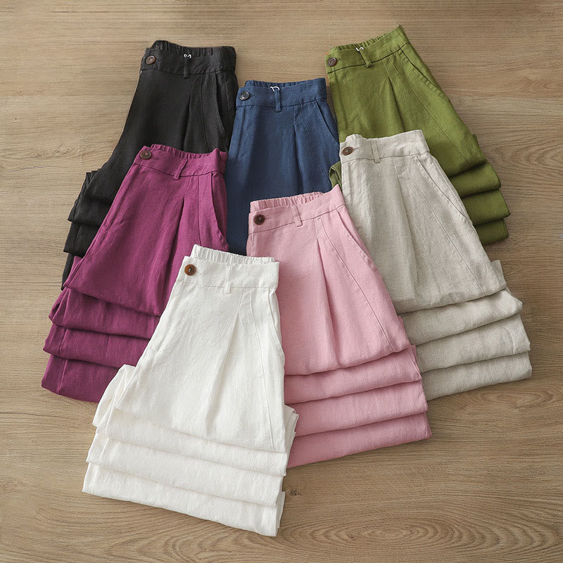 Damskie spodnie z szerokimi nogawkami i guzikami z szerokimi kieszeniami, z bawełny w jednolitym kolorze z Buddha Stones - image 38