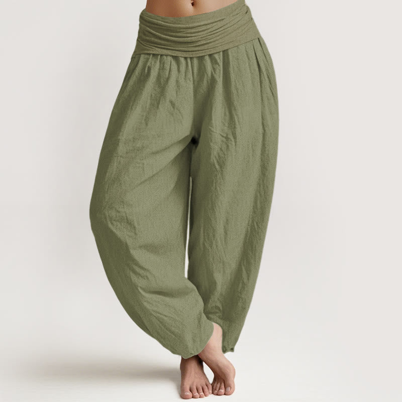 Damskie spodnie haremowe z elastycznej talii z Buddha Stones w kolorze oliwkowym z czystej bawełny - Oliwkowy - US22, UK/AU26, EU54 (6XL) - image 0