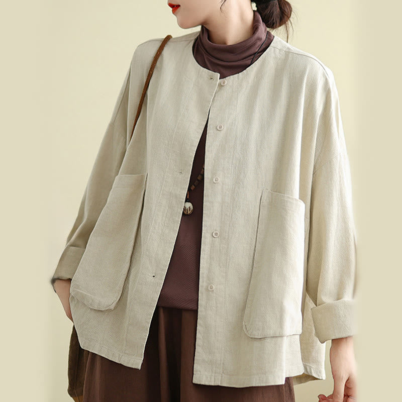 Kurtka damska z długim rękawem i okrągłym dekoltem z bawełny Buddha Stones z kieszeniami - image 4