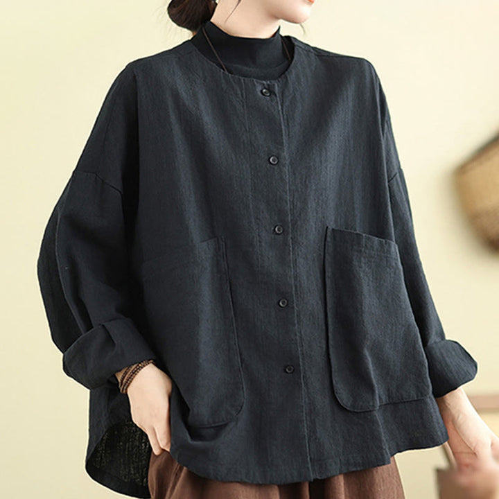 Kurtka damska z długim rękawem i okrągłym dekoltem z bawełny Buddha Stones z kieszeniami - Czarny - US14, UK/AU18, EU46 (2XL) - image 10