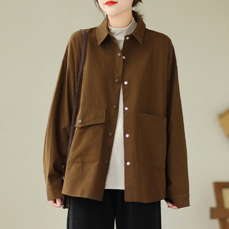 Kurtka damska z długim rękawem i kieszeniami z bawełny Buddha Stones zapinana na guziki - SaddleBrown - US14, UK/AU18, EU46 (2XL) - image 0