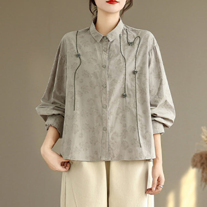 Koszula damska z długim rękawem z poliestru z haftowanymi kwiatami i Buddha Stones - image 1