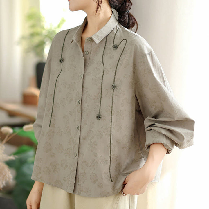 Koszula damska z długim rękawem z poliestru z haftowanymi kwiatami i Buddha Stones - image 2