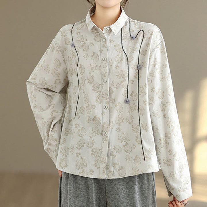 Koszula damska z długim rękawem z poliestru z haftowanymi kwiatami i Buddha Stones - image 13