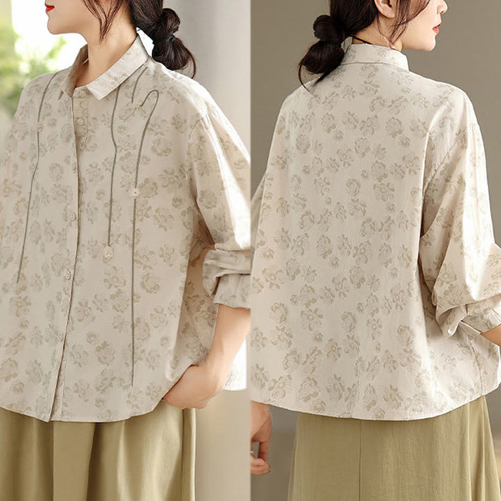 Koszula damska z długim rękawem z poliestru z haftowanymi kwiatami i Buddha Stones - image 18