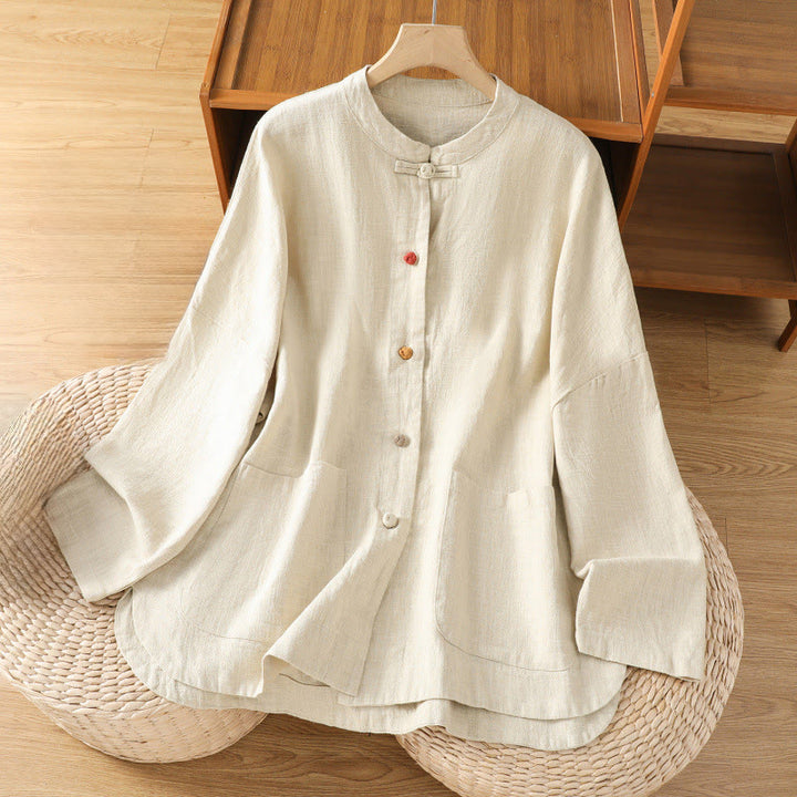 Koszula damska z długim rękawem, bawełną i poliestrem, z kieszeniami i guzikami w stylu „Buddha Stones” - Beżowy - US14, UK/AU18, EU46 (2XL) - image 0