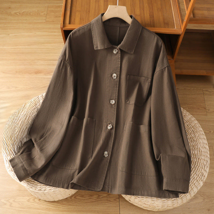 Koszula damska z długim rękawem i stójką, wykonana z bawełny i poliestru, z kieszeniami i Buddha Stones” - SaddleBrown - US14, UK/AU18, EU46 (2XL) - image 0