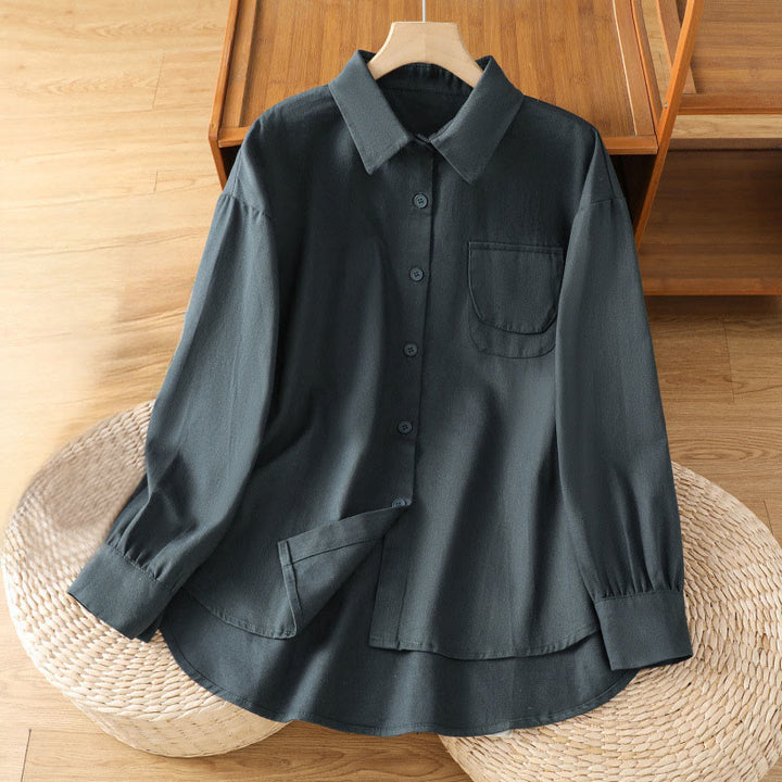 Koszula damska z długim rękawem i stójką z bawełny z motywem Buddha Stones , z kieszeniami - DarkSlateGray - US14, UK/AU18, EU46 (2XL) - image 0