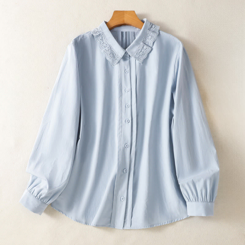 Koszula damska z długim rękawem i koronką z klapami w stylu casual z motywem Buddha Stones - LightSkyBlue - US12, UK/AU16, EU44 (2XL) - image 0