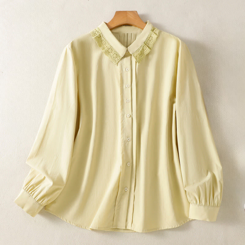 Koszula damska z długim rękawem i koronką z klapami w stylu casual z motywem Buddha Stones - Khaki - US12, UK/AU16, EU44 (2XL) - image 9