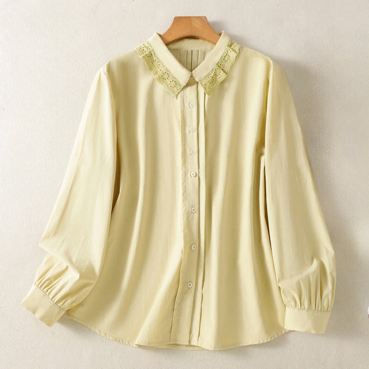 Koszula damska z długim rękawem i koronką z klapami w stylu casual z motywem Buddha Stones - Khaki - US12, UK/AU16, EU44 (2XL) - image 9