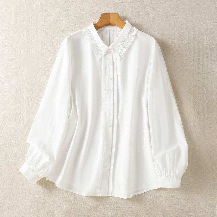 Koszula damska z długim rękawem i koronką z klapami w stylu casual z motywem Buddha Stones - Biały - US12, UK/AU16, EU44 (2XL) - image 19