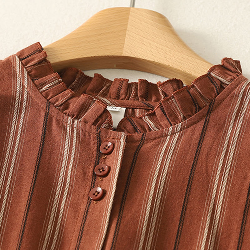 Koszula damska z długim rękawem z poliestru w paski w stylu retro z motywem Buddha Stones - image 1