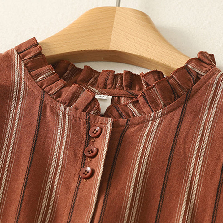 Koszula damska z długim rękawem z poliestru w paski w stylu retro z motywem Buddha Stones - image 1