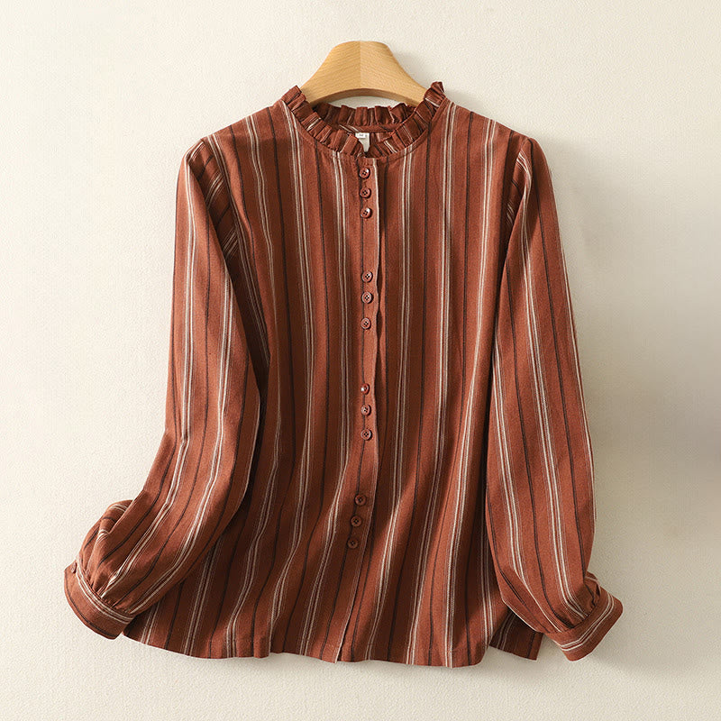 Koszula damska z długim rękawem z poliestru w paski w stylu retro z motywem Buddha Stones - Cegła ogniotrwała - US12, UK/AU16, EU44 (2XL) - image 0
