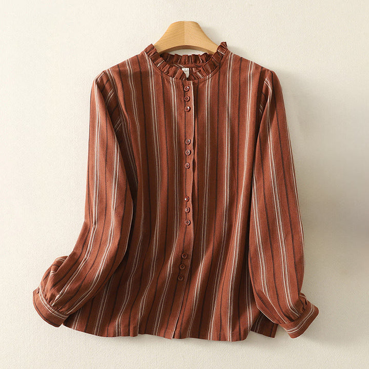 Koszula damska z długim rękawem z poliestru w paski w stylu retro z motywem Buddha Stones - Cegła ogniotrwała - US12, UK/AU16, EU44 (2XL) - image 0