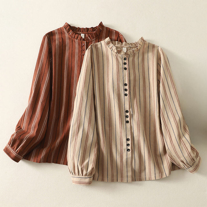 Koszula damska z długim rękawem z poliestru w paski w stylu retro z motywem Buddha Stones - image 14