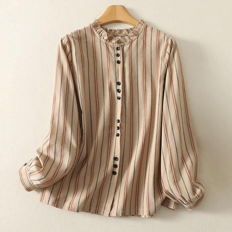 Koszula damska z długim rękawem z poliestru w paski w stylu retro z motywem Buddha Stones - BurlyWood - US12, UK/AU16, EU44 (2XL) - image 5