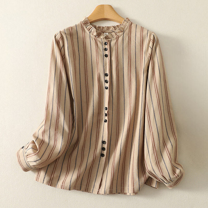 Koszula damska z długim rękawem z poliestru w paski w stylu retro z motywem Buddha Stones - BurlyWood - US12, UK/AU16, EU44 (2XL) - image 5