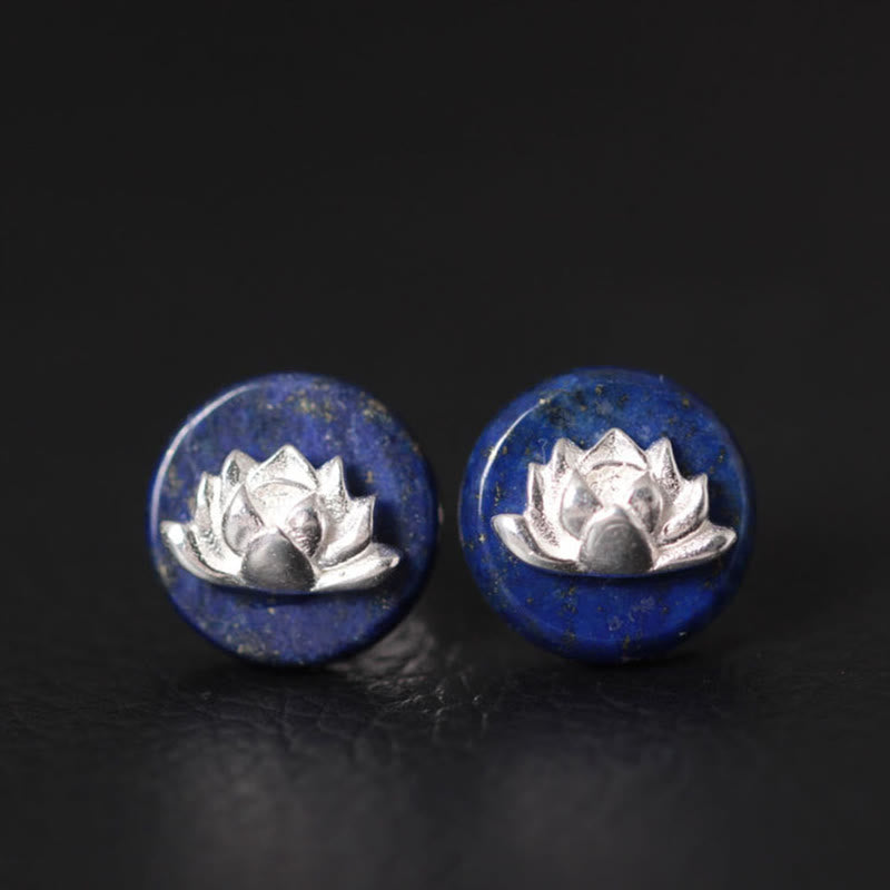 Buddha Stones z lazurytem i lapis lazuli ze srebra próby 925, wzór lotosu, oświecenie - Lotos lazurytowy (kołki ze srebra próby 925) - image 0