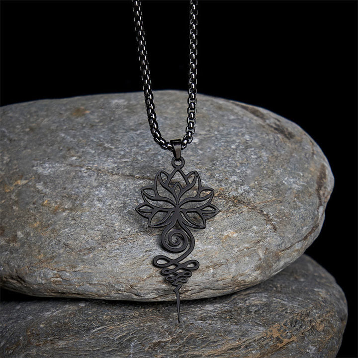 Naszyjnik ze stali nierdzewnej z Buddha Stones, lotosem i symbolem czakry Unalome, oświecenie - Czarny - image 12