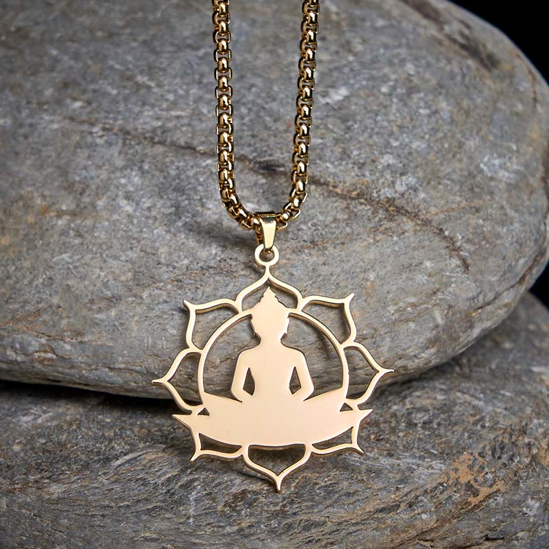Naszyjnik z Buddha Stones w stylu vintage z siedzącym lotosem i motywem buddy ze stali nierdzewnej, oświecający - Złoto - image 0