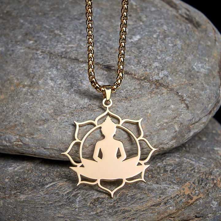 Naszyjnik z Buddha Stones w stylu vintage z siedzącym lotosem i motywem buddy ze stali nierdzewnej, oświecający - Złoto - image 0