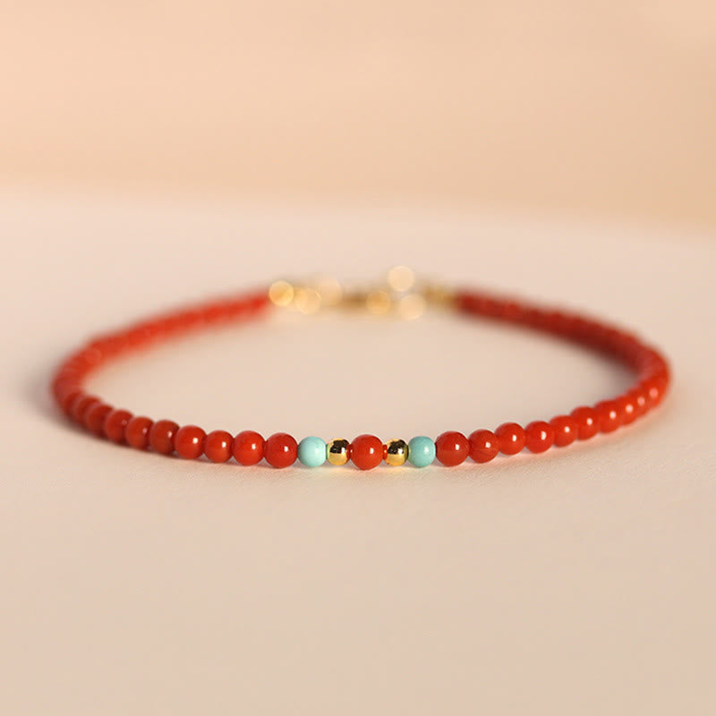 Bransoletka z Buddha Stones 3 mm Naturalne koraliki z czerwonego agatu Południowego, ultracienkie, pozytywne - 3 mm czerwony agat południowy i turkus (obwód nadgarstka: 14-17 cm) - image 0