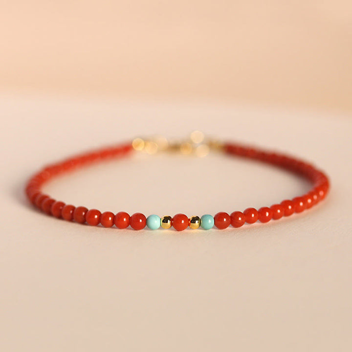 Bransoletka z Buddha Stones 3 mm Naturalne koraliki z czerwonego agatu Południowego, ultracienkie, pozytywne - 3 mm czerwony agat południowy i turkus (obwód nadgarstka: 14-17 cm) - image 0