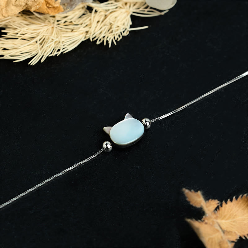 Buddha Stones Bransoletka z łańcuszkiem z motywem błogosławieństwa głowy kota ze srebra próby 925 z kamieniem Tridacna - image 1