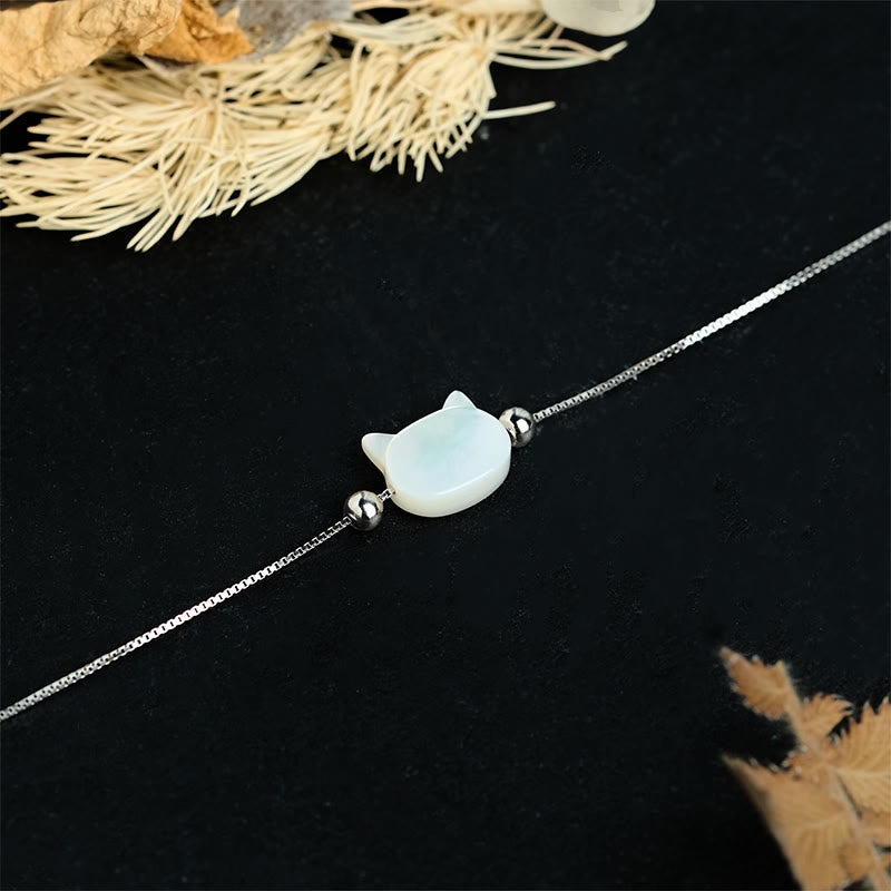 Buddha Stones Bransoletka z łańcuszkiem z motywem błogosławieństwa głowy kota ze srebra próby 925 z kamieniem Tridacna - image 9