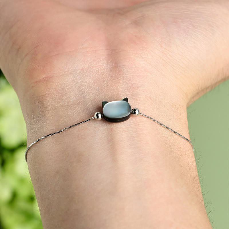 Buddha Stones Bransoletka z łańcuszkiem z motywem błogosławieństwa głowy kota ze srebra próby 925 z kamieniem Tridacna - image 4