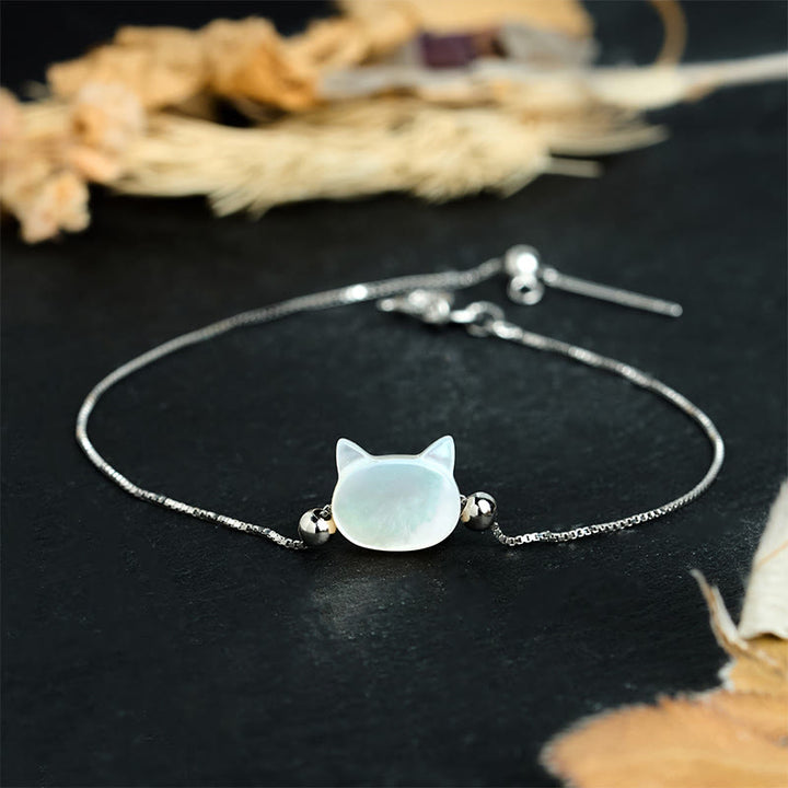 Buddha Stones Bransoletka z łańcuszkiem z motywem błogosławieństwa głowy kota ze srebra próby 925 z kamieniem Tridacna - Biały kamień Tridacna - 17-22 cm - image 8