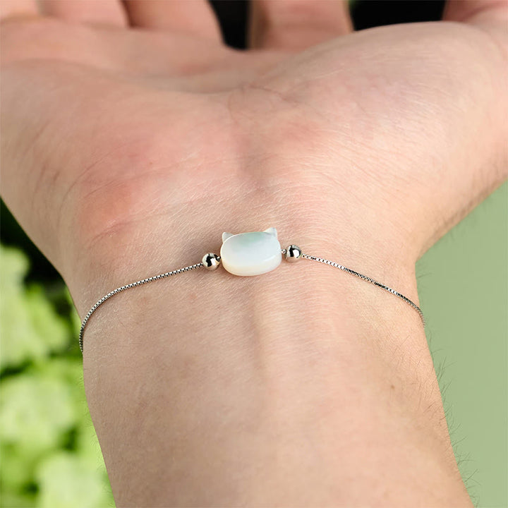 Buddha Stones Bransoletka z łańcuszkiem z motywem błogosławieństwa głowy kota ze srebra próby 925 z kamieniem Tridacna - image 12