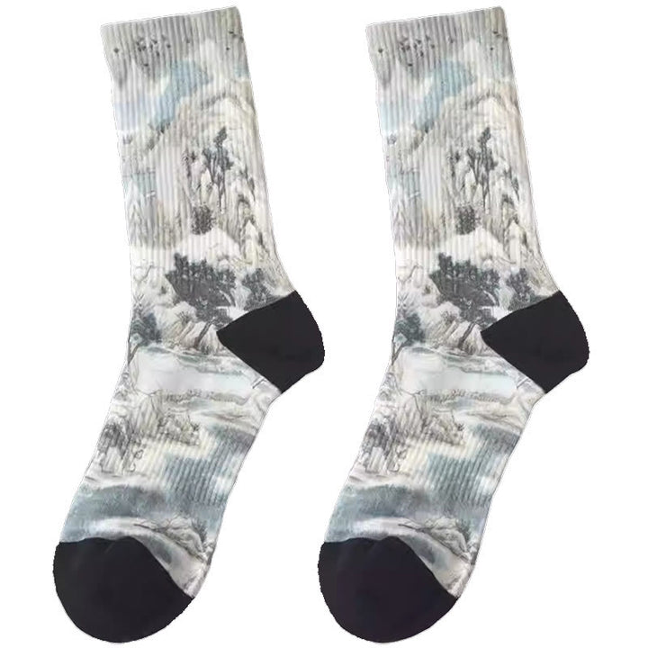 Buddha Stones, chińskie malarstwo tuszem, wzór krajobrazu, mikro skarpetki, trzy pary, męskie, damskie, unisex - image 5